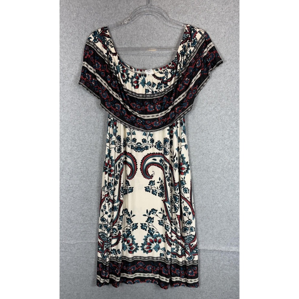 Boho Floral Off Shoulder Dress Womens Medium White Blue Red Stretch Summer USA